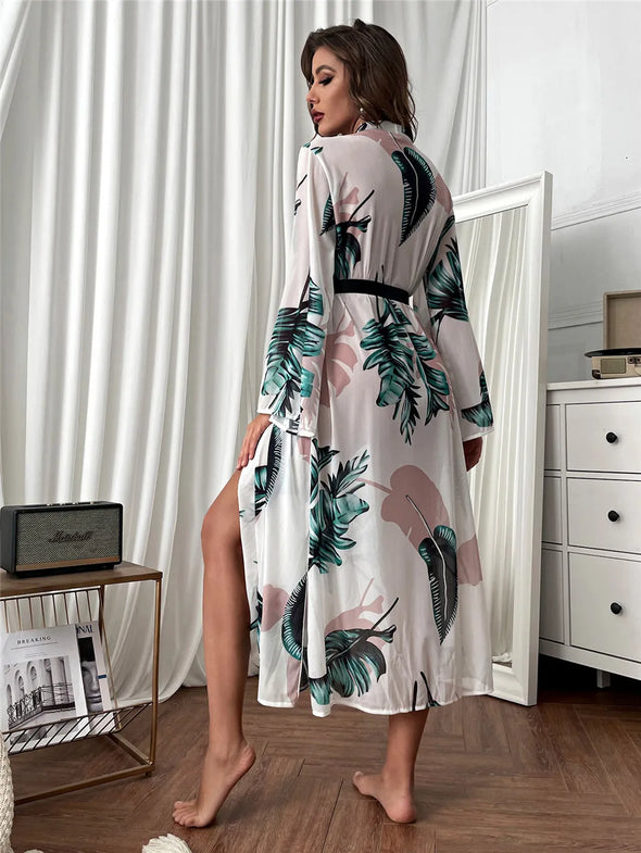 Tropical Print Belted Kimono