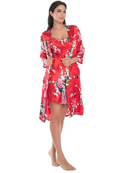 Floral Satin Kimono Set