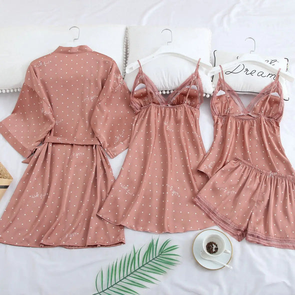 Pink Print Dot Wedding Robe Set Sleepwear