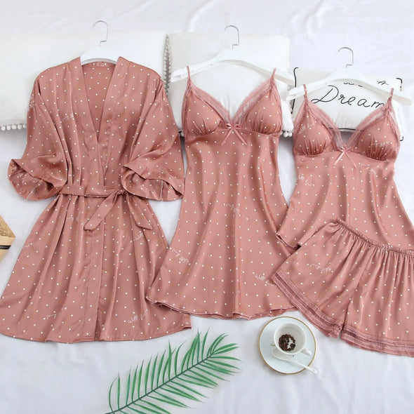 Pink Print Dot Wedding Robe Set Sleepwear